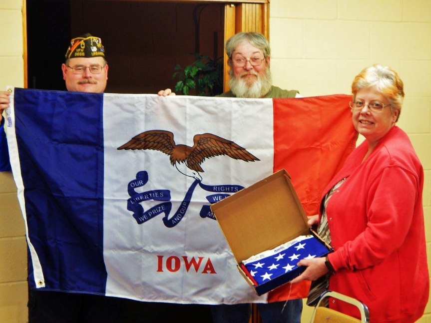 Flags presented to the parents of deployed service member/VFW Post member 9668 Pritchard, Jayna M, Jayna is currently on deployment and the flags are being shipped to the unit overseas.